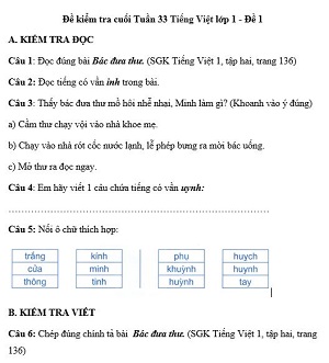 Đề kiểm tra cuối tuần Tiếng Việt lớp 1: Tuần 33 - Đề 1