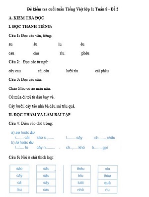 Đề kiểm tra cuối tuần Tiếng Việt lớp 1: Tuần 8 - Đề 2