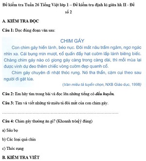 Đề kiểm tra cuối tuần Tiếng Việt lớp 1: Tuần 26 - Đề 2