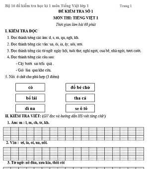 16 đề thi học kì 1 môn Tiếng Việt lớp 1