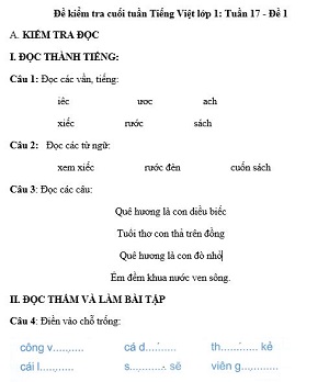 Đề kiểm tra cuối tuần Tiếng Việt lớp 1: Tuần 17 - Đề 1