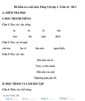 Đề kiểm tra cuối tuần Tiếng Việt lớp 1: Tuần 16 - Đề 2