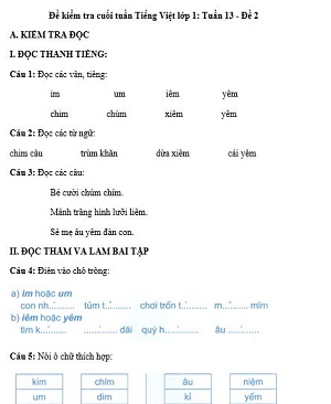 Đề kiểm tra cuối tuần Tiếng Việt lớp 1: Tuần 13 - Đề 2