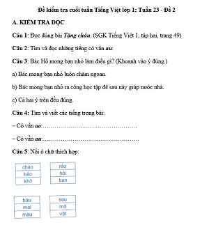 Đề kiểm tra cuối tuần Tiếng Việt lớp 1: Tuần 23 - Đề 2