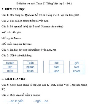 Đề kiểm tra cuối tuần Tiếng Việt lớp 1: Tuần 27 - Đề 2
