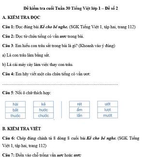 Đề kiểm tra cuối tuần Tiếng Việt lớp 1: Tuần 30 - Đề 2