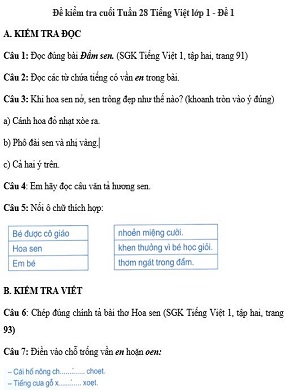 Đề kiểm tra cuối tuần Tiếng Việt lớp 1: Tuần 28 - Đề 1