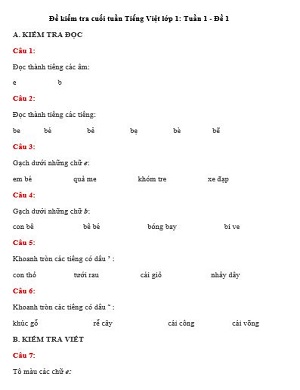 Đề kiểm tra cuối tuần Tiếng Việt lớp 1: Tuần 1
