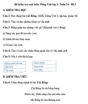 Đề kiểm tra cuối tuần Tiếng Việt lớp 1: Tuần 24 - Đề 2