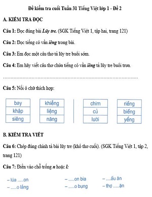 Đề kiểm tra cuối tuần Tiếng Việt lớp 1: Tuần 31 - Đề 2
