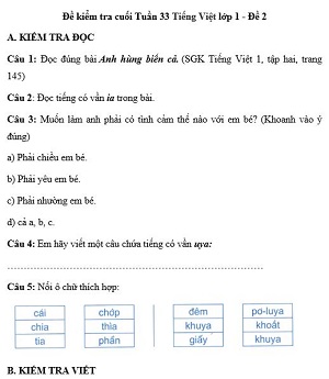 Đề kiểm tra cuối tuần Tiếng Việt lớp 1: Tuần 33 - Đề 2