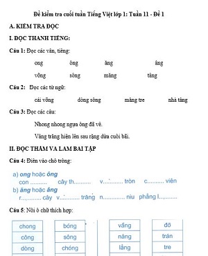 Đề kiểm tra cuối tuần Tiếng Việt lớp 1: Tuần 11 - Đề 1
