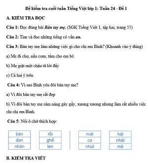 Đề kiểm tra cuối tuần Tiếng Việt lớp 1: Tuần 24 - Đề 1