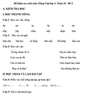 Đề kiểm tra cuối tuần Tiếng Việt lớp 1: Tuần 19 - Đề 2