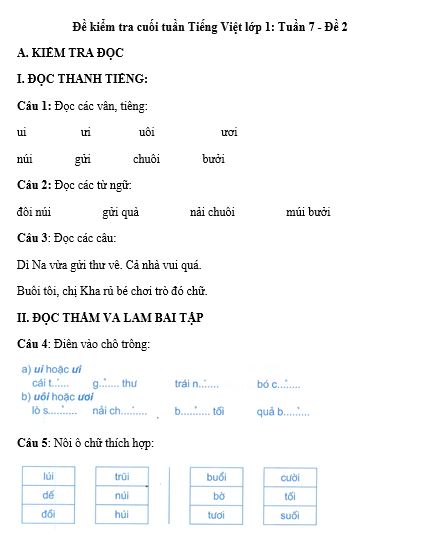 Đề kiểm tra cuối tuần Tiếng Việt lớp 1: Tuần 7 - Đề 2