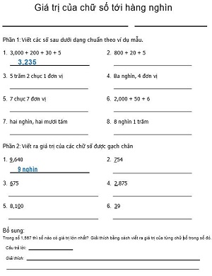 Giá trị của chữ số tới hàng nghìn