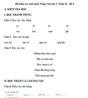 Đề kiểm tra cuối tuần Tiếng Việt lớp 1: Tuần 16 - Đề 1