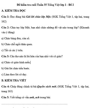 Đề kiểm tra cuối tuần Tiếng Việt lớp 1: Tuần 35 - Đề 2