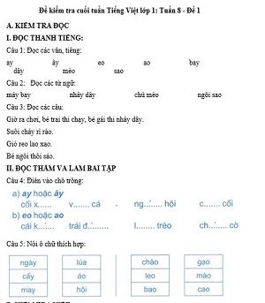 Đề kiểm tra cuối tuần Tiếng Việt lớp 1: Tuần 8 - Đề 1