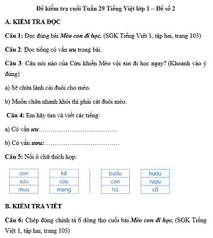 Đề kiểm tra cuối tuần Tiếng Việt lớp 1: Tuần 29 - Đề 2