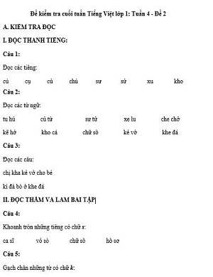 Đề kiểm tra cuối tuần Tiếng Việt lớp 1: Tuần 4 - Đề 2