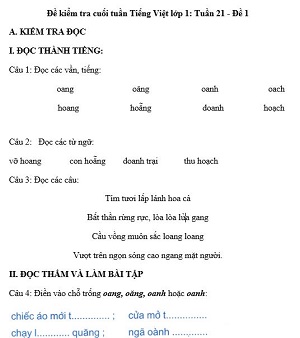 Đề kiểm tra cuối tuần Tiếng Việt lớp 1: Tuần 21 - Đề 1