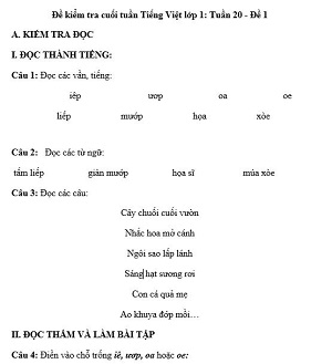 Đề kiểm tra cuối tuần Tiếng Việt lớp 1: Tuần 20 - Đề 1