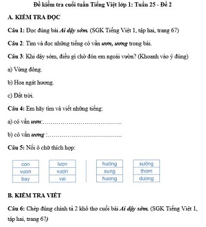 Đề kiểm tra cuối tuần Tiếng Việt lớp 1: Tuần 25 - Đề 2