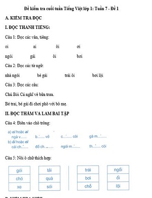 Đề kiểm tra cuối tuần Tiếng Việt lớp 1: Tuần 7 - Đề 1