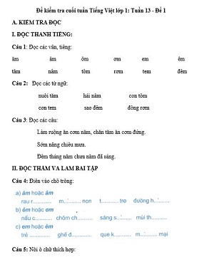 Đề kiểm tra cuối tuần Tiếng Việt lớp 1: Tuần 13 - Đề 1