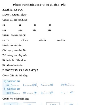 Đề kiểm tra cuối tuần Tiếng Việt lớp 1: Tuần 9 - Đề 2