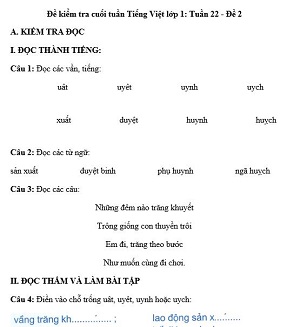 Đề kiểm tra cuối tuần Tiếng Việt lớp 1: Tuần 22 - Đề 2