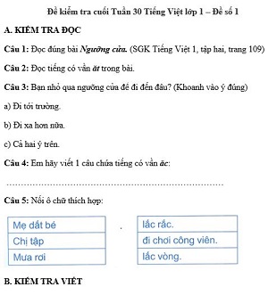 Đề kiểm tra cuối tuần Tiếng Việt lớp 1: Tuần 30 - Đề 1