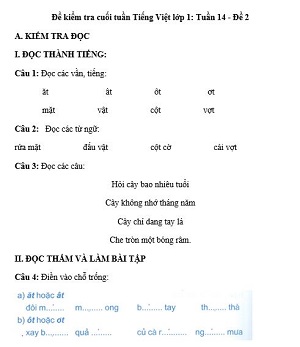 Đề kiểm tra cuối tuần Tiếng Việt lớp 1: Tuần 14 - Đề 2