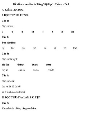 Đề kiểm tra cuối tuần Tiếng Việt lớp 1: Tuần 4 - Đề 1