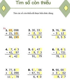 Tìm các số còn thiếu