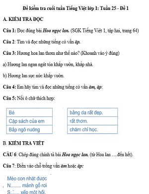 Đề kiểm tra cuối tuần Tiếng Việt lớp 1: Tuần 25 - Đề 1