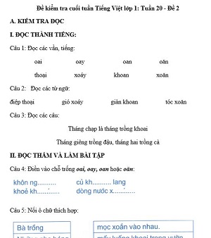 Đề kiểm tra cuối tuần Tiếng Việt lớp 1: Tuần 20 - Đề 2