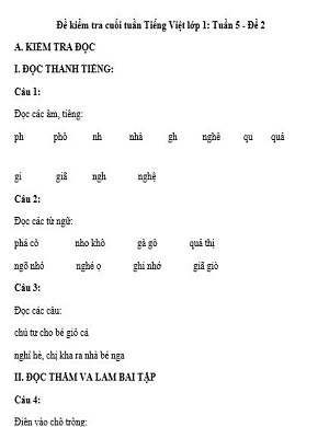 Đề kiểm tra cuối tuần Tiếng Việt lớp 1: Tuần 5 - Đề 2