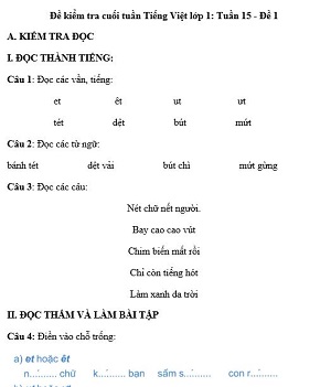 Đề kiểm tra cuối tuần Tiếng Việt lớp 1: Tuần 15 - Đề 1