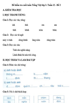 Đề kiểm tra cuối tuần Tiếng Việt lớp 1: Tuần 12 - Đề 2