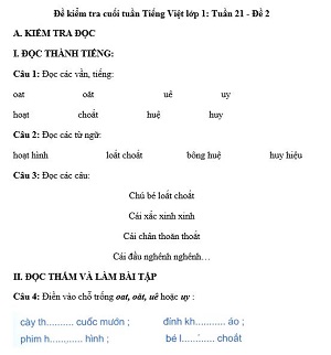 Đề kiểm tra cuối tuần Tiếng Việt lớp 1: Tuần 21 - Đề 2