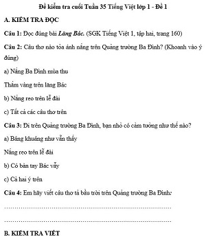 Đề kiểm tra cuối tuần Tiếng Việt lớp 1: Tuần 35 - Đề 1