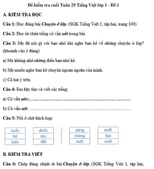 Đề kiểm tra cuối tuần Tiếng Việt lớp 1: Tuần 29 - Đề 1