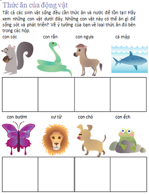 Vẽ thức ăn yêu thích của các con vật cho trước