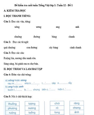 Đề kiểm tra cuối tuần Tiếng Việt lớp 1: Tuần 12 - Đề 1