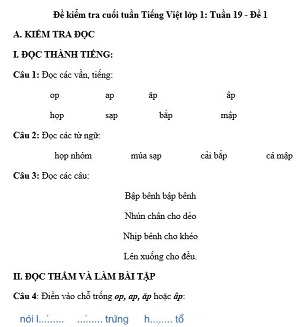 Đề kiểm tra cuối tuần Tiếng Việt lớp 1: Tuần 19 - Đề 1